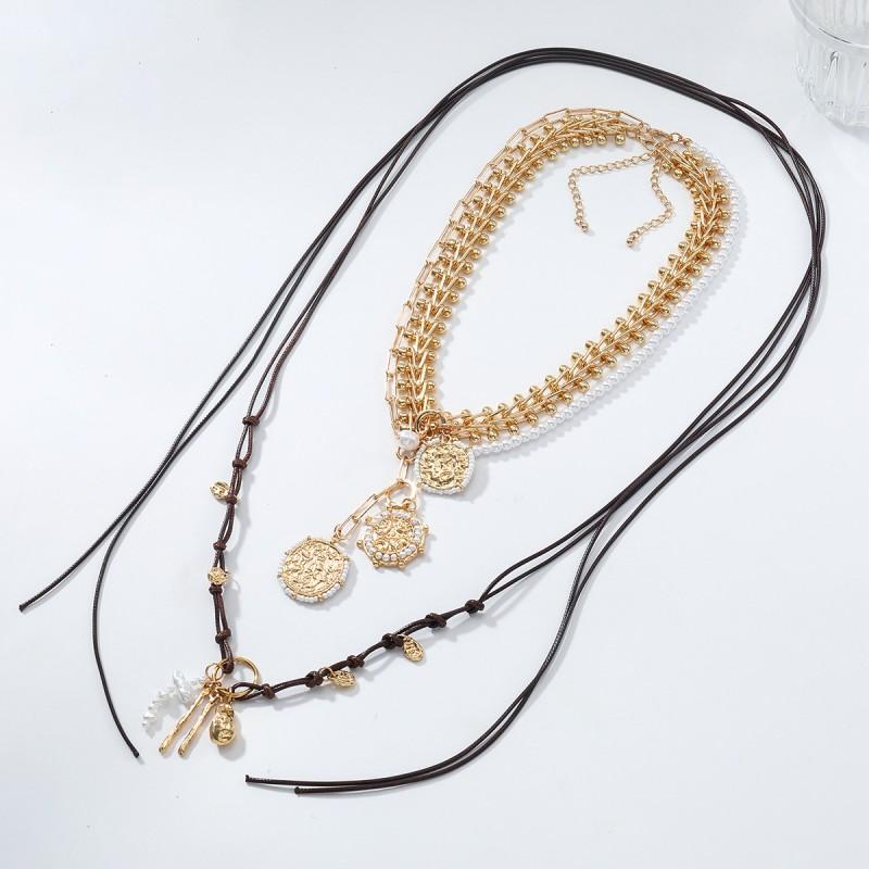 Handmade Vintage Geometric Layered Pendant Necklace Women Zinc Alloy Gold Tone PearlStyle Statement Jewelry