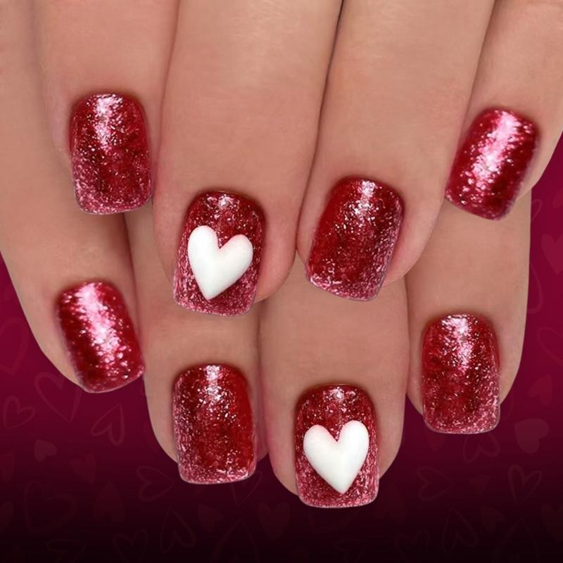 

24Pcs Valentine Press On Nail Short Square Glitters False Nail With Heart Flame Art ABS Matte French Tip Manicure 1