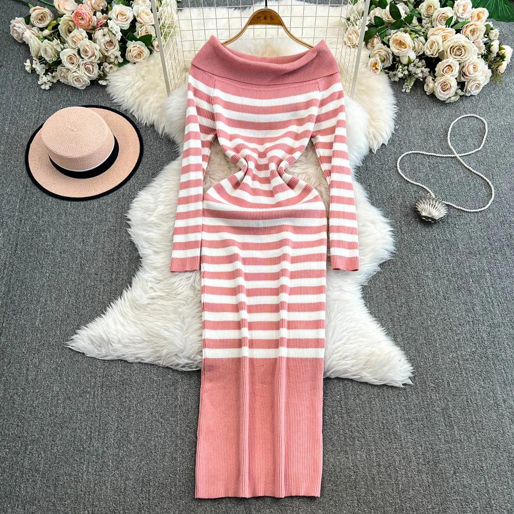 Off Shoulder Falda Sexy Mujer Slash Neck Striped Color-block Slim Knitted Bodycon Dress Autumn Wrapped Dresses ChicDresses