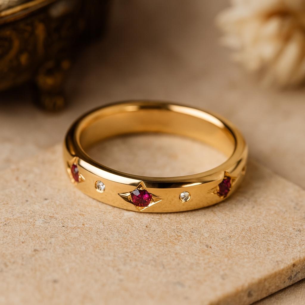 Wedding Engagement Anniversary Promise Gift – Yellow Gold Plated Ruby Wedding Band, Women’s Pave Pink Stone Minimalist Dainty Gold Ring