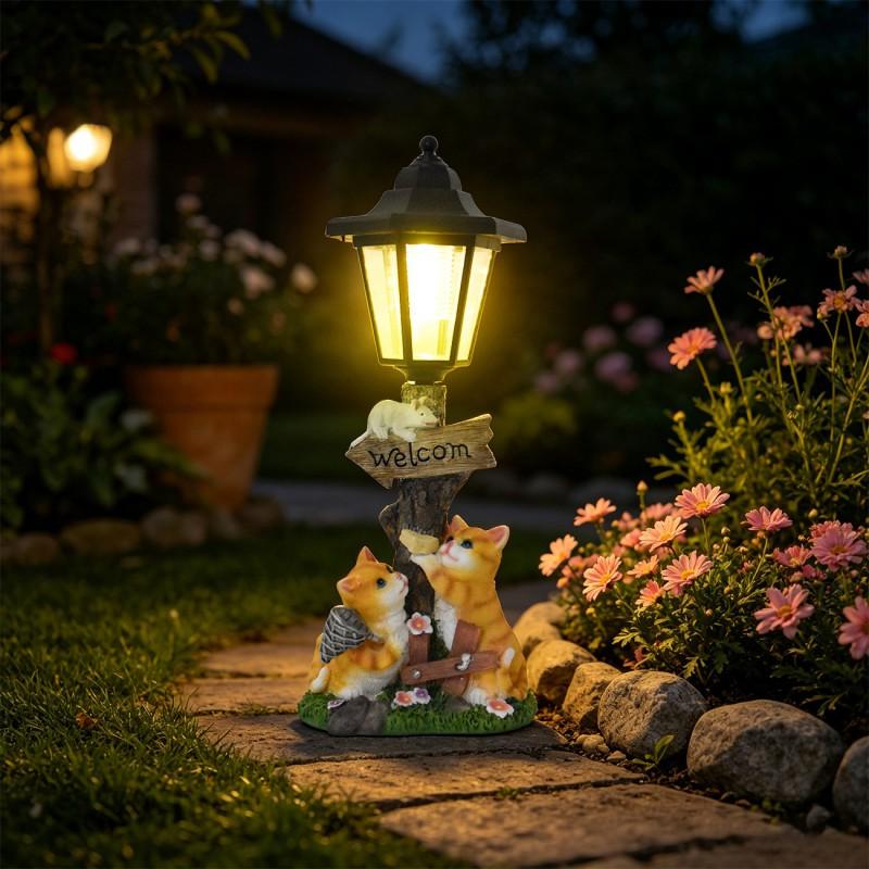 Resin Cat Garden Decor With Solar Lamp Planter Outdoor Yard Ornament