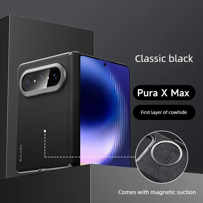 Genuine Leather Center Axis Protective Phone Case for Huawei Pura X Max SULADA First Layer Cow Built-in Magnetic Phone Case