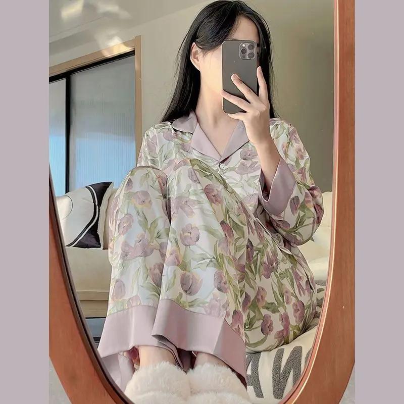 Silk Pajamas Women's Long Sleeve Tops Long Pants Silk Pajamas Two-piece Set Home Clothes Printed Korean Kawaii Clothes Pajamas