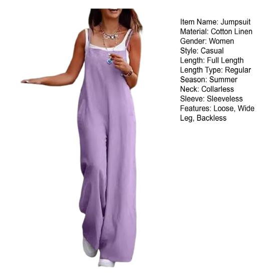 Lady Jumpsuit Collarless Spaghetti Strap Backless Sleeveless Loose Wide Leg Full Length Overalls Casual Daily Wear Outfit