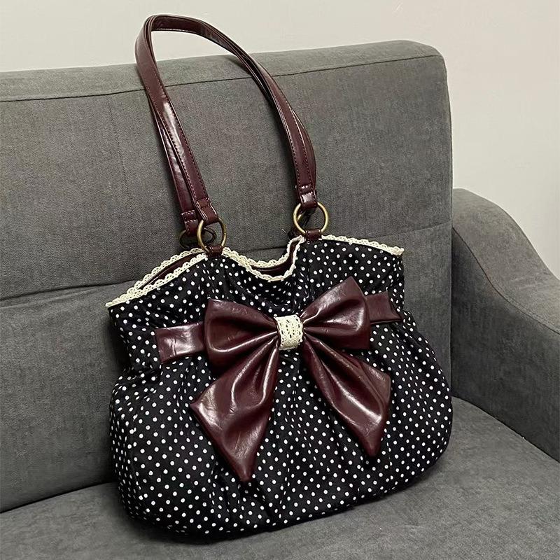 

Chic Polka Dot Tote Bag Casual Commuting Vintage Women Handbags Shoulder Bag Versatile Large Capacity Dot Design Bow Sweet Bag KTB 34x10x27cm чёрный