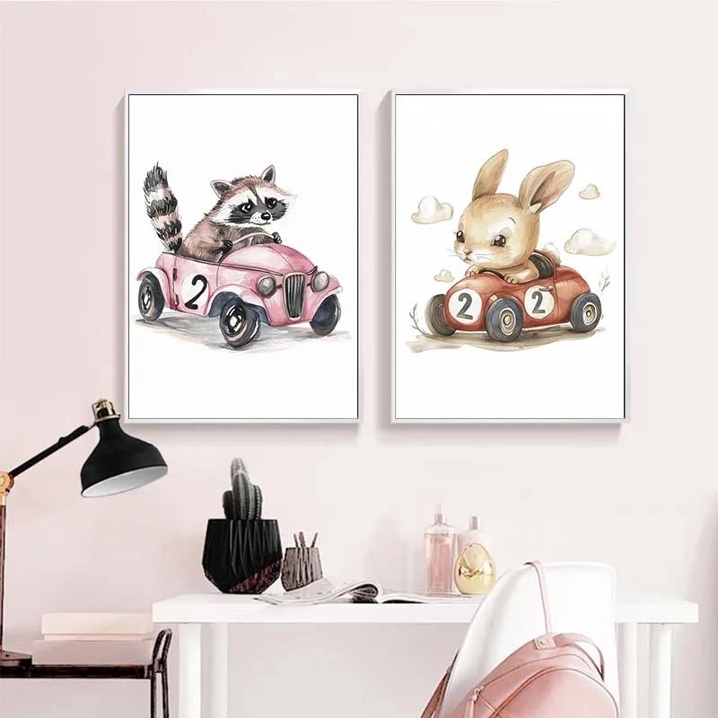 Watercolor Raccoon Rabbit Bear Animal Car Nursery Wall Art Canvas Painting Nordic Posters Prints Wall Pictures Kids Room Decor