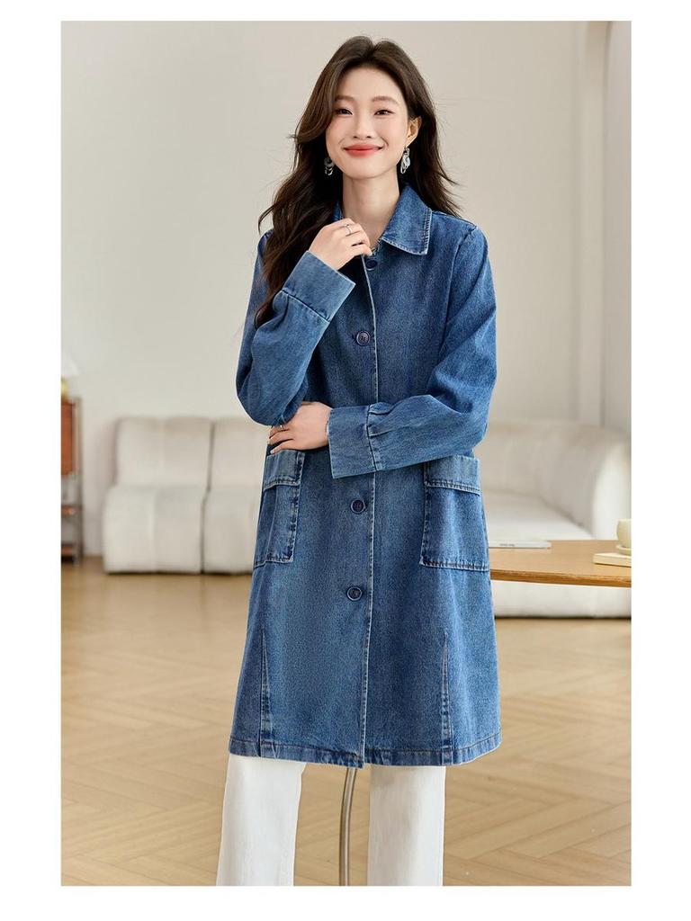 Dámská džínová bunda střední délky s velkými kapsami - Ležérní zeštíhlující trenčkot na jaro a podzim