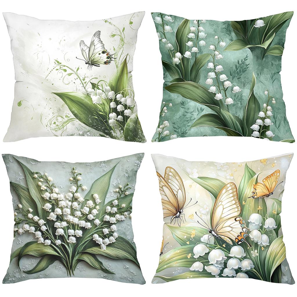 2D Flat Printing Lily of The Valley and Butterfly Pattern Cushions Polyester Pillowcase Sofa Decorative Cushion Cover