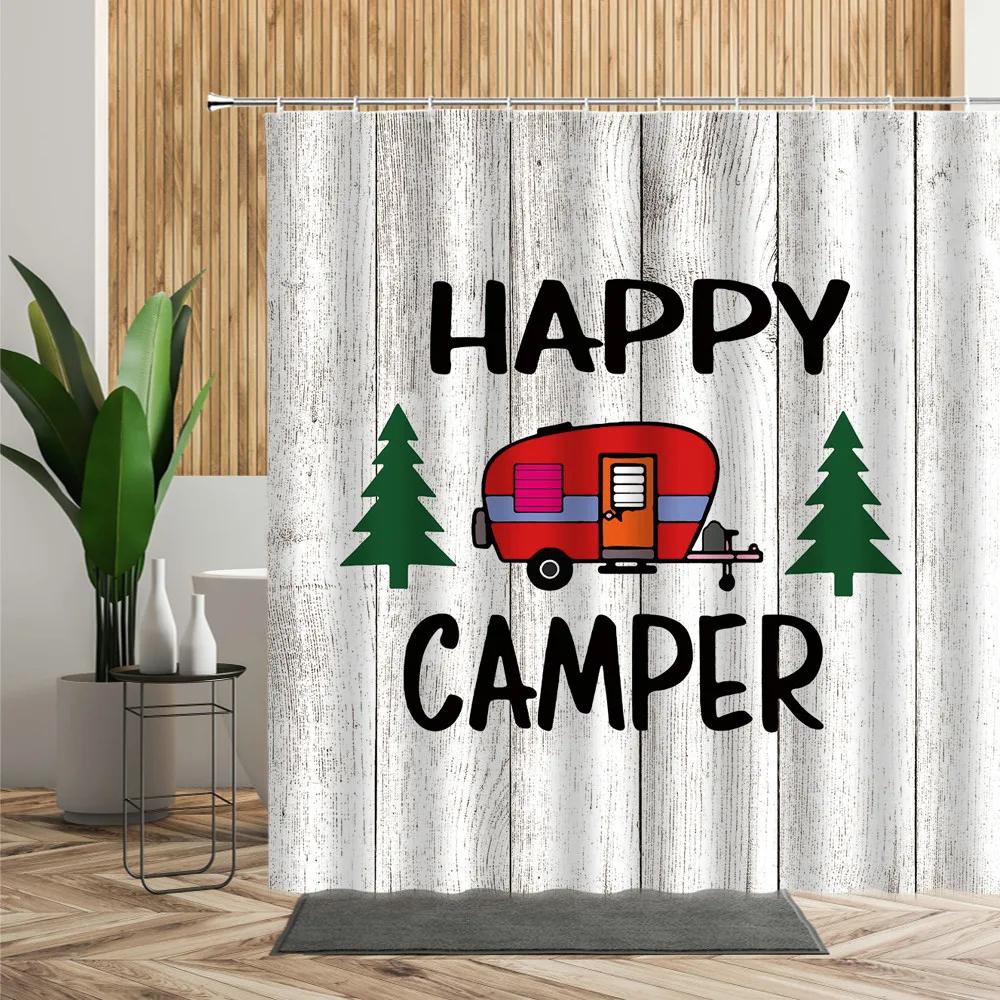 Forest Camping Poster Shower Curtain Camper Car Woods Bathroom Bath Decors Outdoor Landscape Backdrop Cloth 3D Room Curtains Set