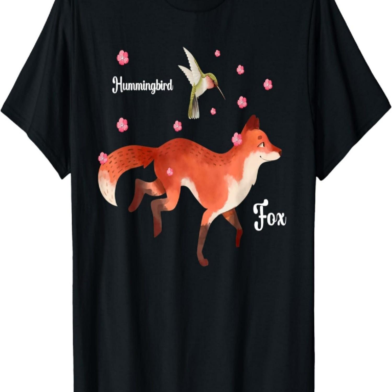 The Cute Fox And Hummingbird Cherry Blossom Flower Present T-Shirt S