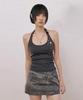 NO EXTRA TOUCH Eyelet Belted Halterneck Shirred Top (Charcoal) / 26Spsl001Ch