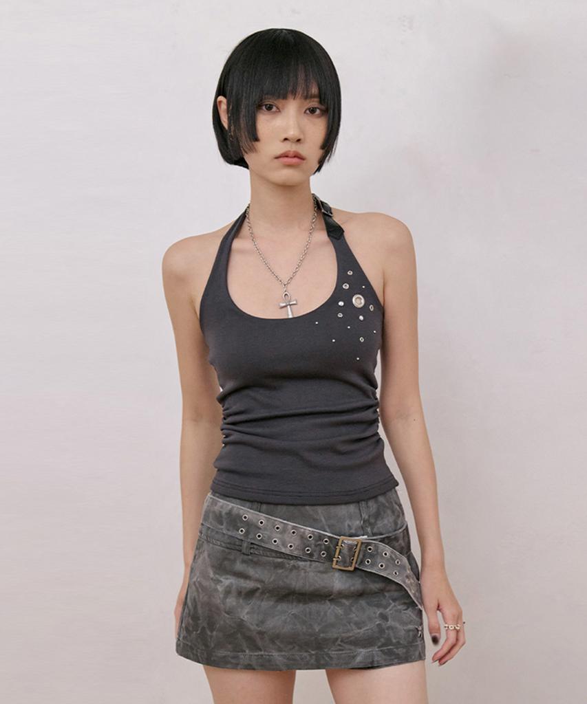 NO EXTRA TOUCH Eyelet Belted Halterneck Shirred Top (Charcoal) / 26Spsl001Ch