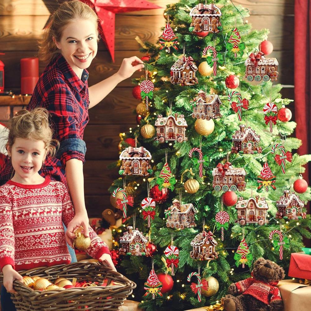 Christmas Gingerbread House Ornament Wooden Christmas Tree Hanging Ornaments Gingerbread House with Ribbons for Xmas Party Favor