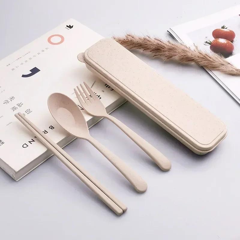 Tableware Set - Spoon, Chopstick, Fork with Storage Case and Goodie Bag, Children Day Gift, Wheat Straw