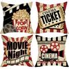 Movie Night Decorative Throw Pillow Covers 18 X 18 Set of 4, Vintage Cinema Ticket Popcorn Clapper Board Theater Home Decor, Enjoy The Show Stripes
