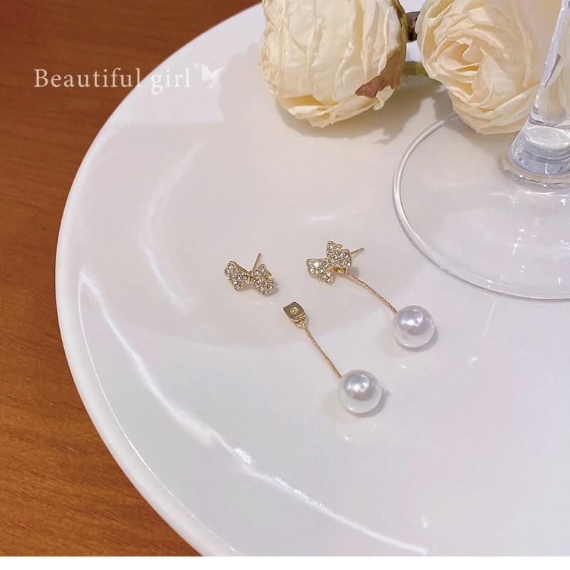 925 Sterling Silver Bow Pearl Pendant Earrings - Women's Luxury Long Studs, Cold Tone Style