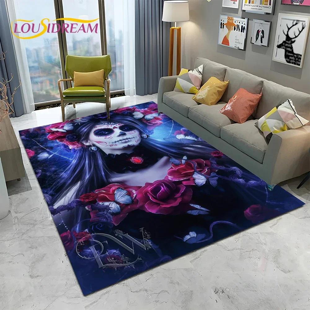 Horror Gothic Female Skull Dead Girl Teppich Teppich für Zuhause Wohnzimmer Schlafzimmer Sofa Fußmatte Dekor, Kinderbereich Teppich rutschfeste Bodenmatte