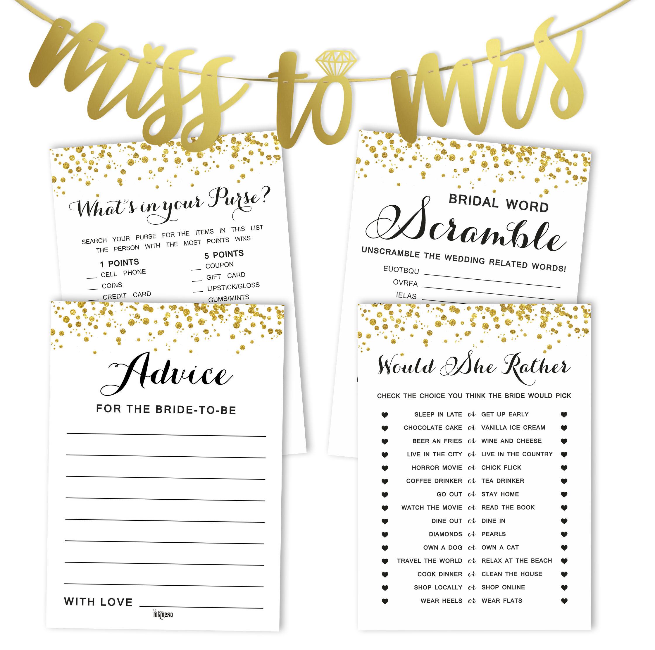 

Inkdotpot Ігровий набір для дівич-вечірки, набір із 4 золотих конфетті(50 аркушів кожен) w Miss to Mrs Gold Banner Весела гра весільний душ 5 x 7 Inches білий