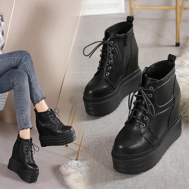 Fashion 14CM Spring Platform Shoes Autumn Harajuku Gothic Punk Black Shoes High Sole Lolita Wedges Pumps Women Lace Up Soft Leather
