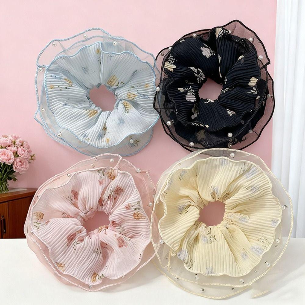 Elegant Pleated Hair Ties Intricate Floral Design Hair Rope Fresh Floral Hair Ring Summer Season