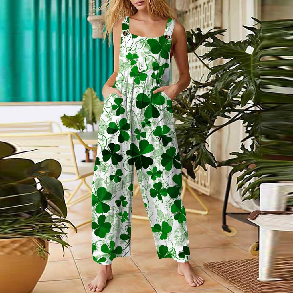 Women's Casual Jumpsuit Sleeveless St. Patrick's Day Printed Cotton Jumpsuit