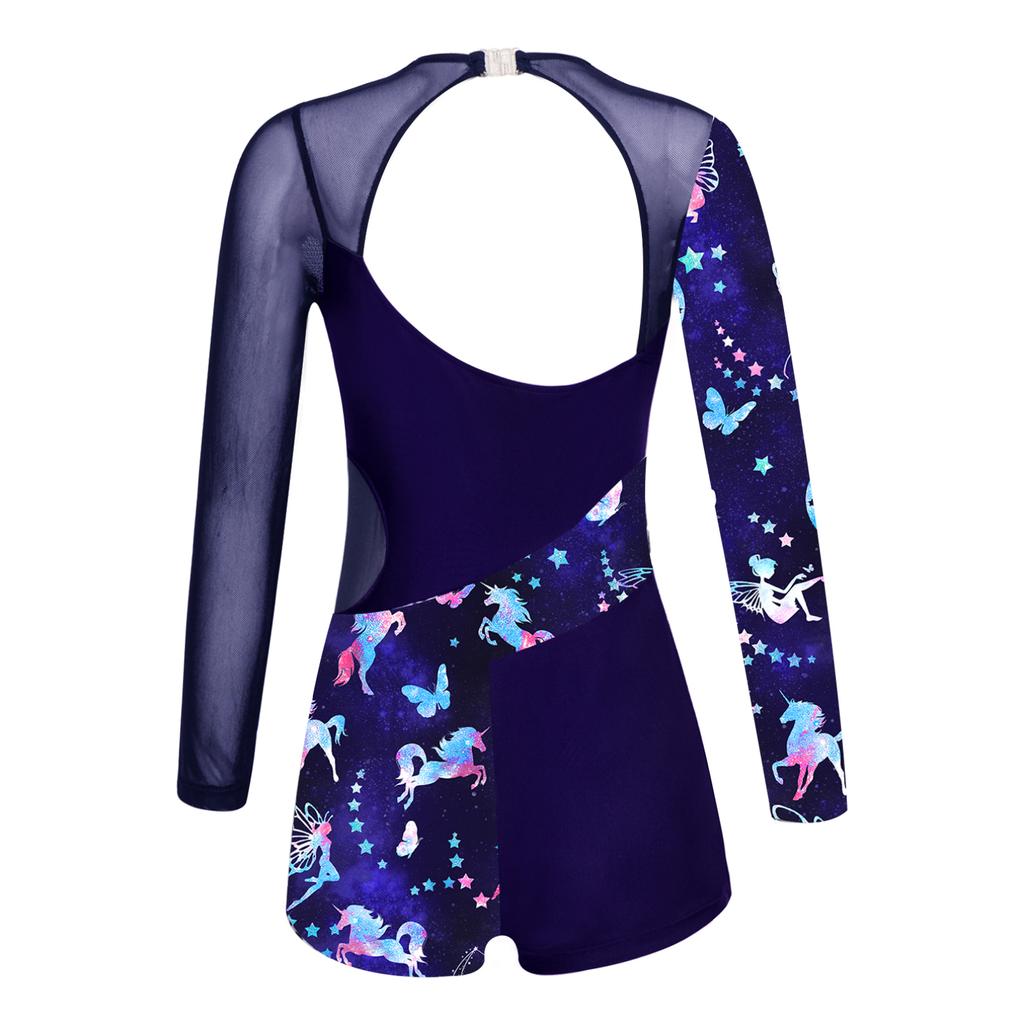 Kids Girls Athletic Sport Gymnastic Leotard Dance Unitard Floral Long Sleeve Bodysuit Shorts Jumpsuit