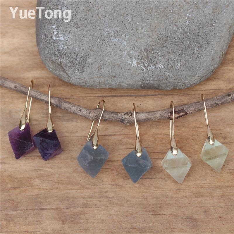 Raw Natural Stone Green Blue Purple Fluorite Gold Hook Teardrop Dangle Earrings Women Minimalist Gemstone Jewelry