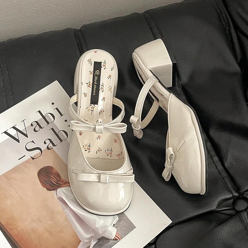 Sommer Schmetterlingsknoten Zehenabdeckung Damen Hausschuhe Elegant Dicker Absatz Kleid Pantoletten Damen Prägnant Tanzparty Ballschuhe