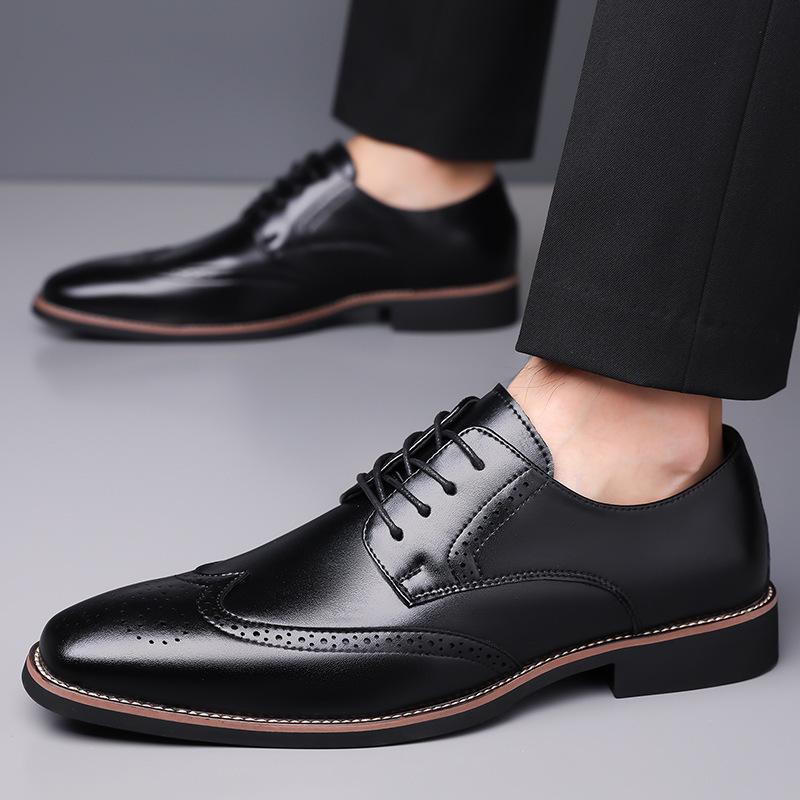 2025 Men's Genuine Leather Brogue Derby Shoes - Pointed Toe, Lace-up, Large Sizes