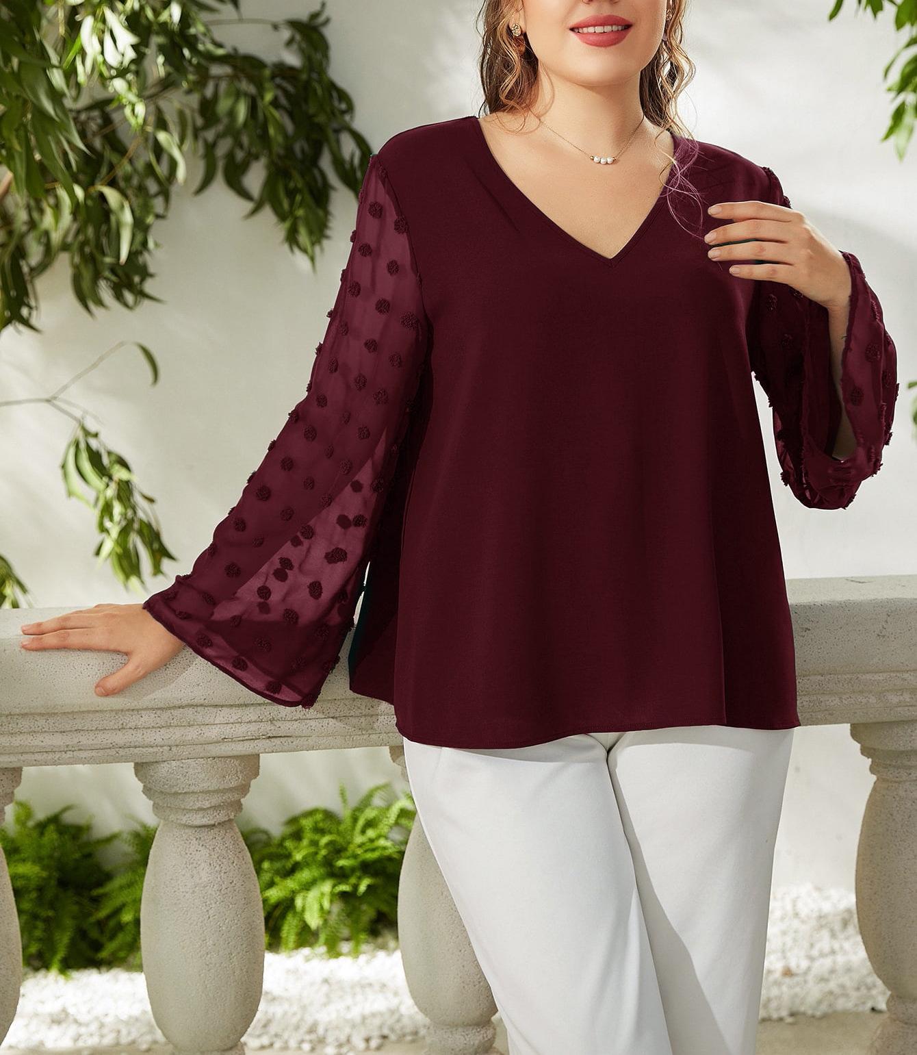 Plus Size Women s V-Neck Patchwork Long Sleeve Shirt - Spring & Autumn Plus Size 3XL