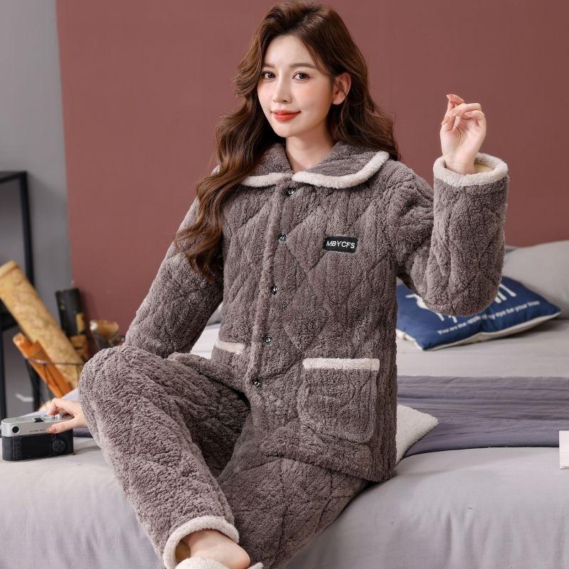 Pajamas women's winter three-layer thickened models fleece coral fleece warm padded cotton autumn and winter women's loungewear