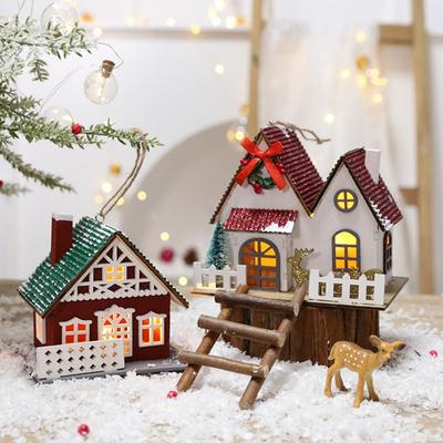 1Pc LED Wooden Christmas House Mini Xmas Snow Houses Wooden Winter Village Building Figurines Table Ornaments Party Decor