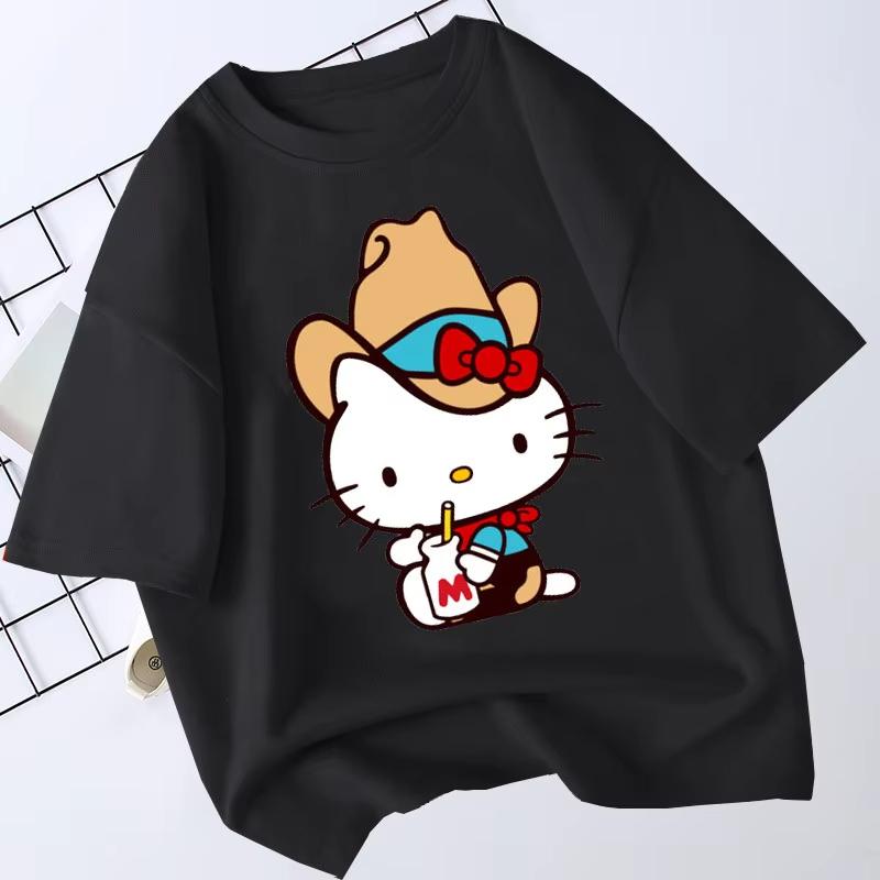 Summer 2026 new Hello Kitty Western Cowboy Theme 100 Cotton Printed Oversize Loose Tshirt Adult Children Parentchild Top