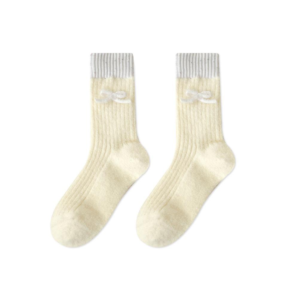 Soft Plush Sleep Socks Bowknot Warm Home Socks Simple Middle Tube Socks  Indoor Use