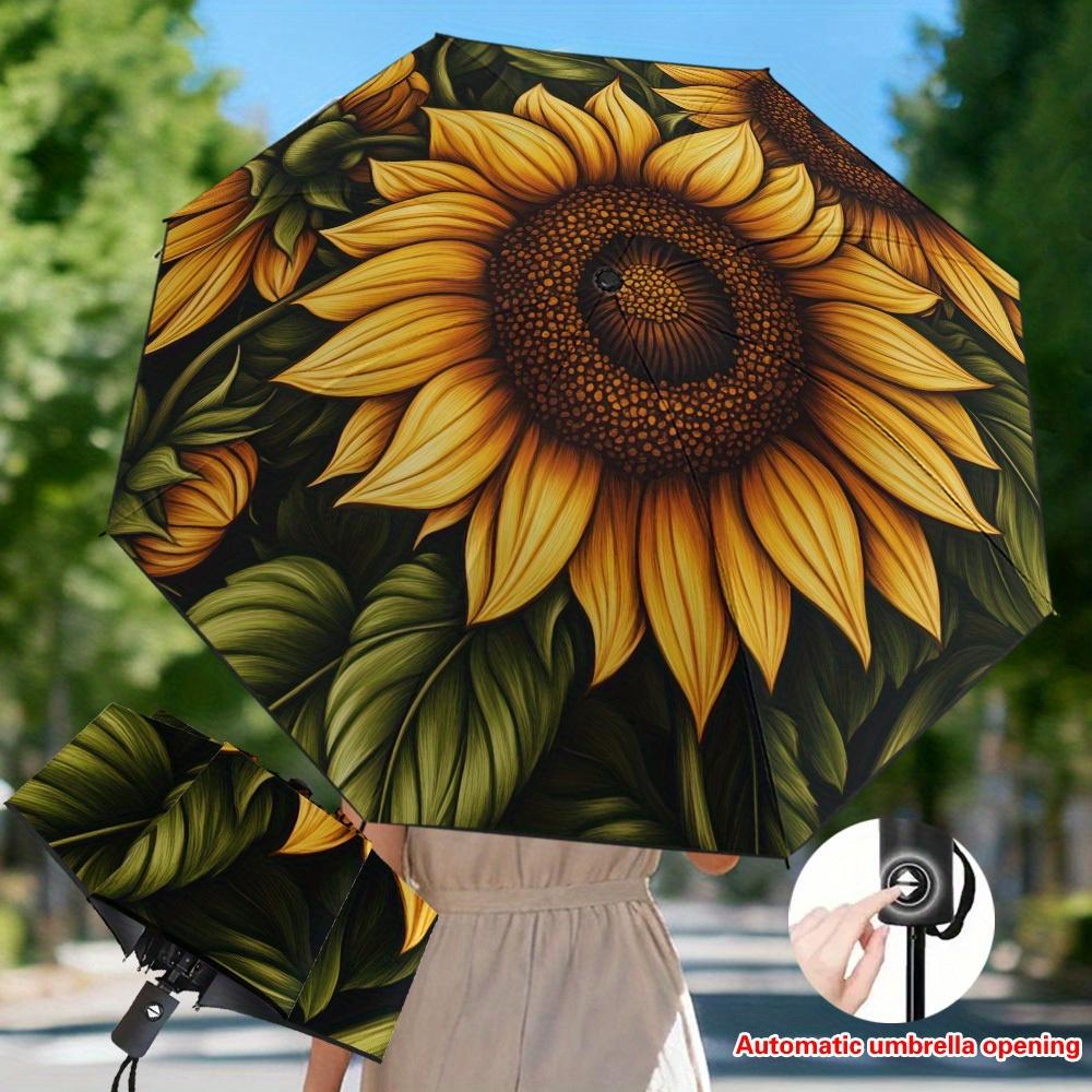 

1pc Golden Sunflower Blooms Themed Print Automatic Folding Umbrella, Filtering Umbrella, Thickened Reinforced Umbrella Frame, (as the picture,Iron&8K)
