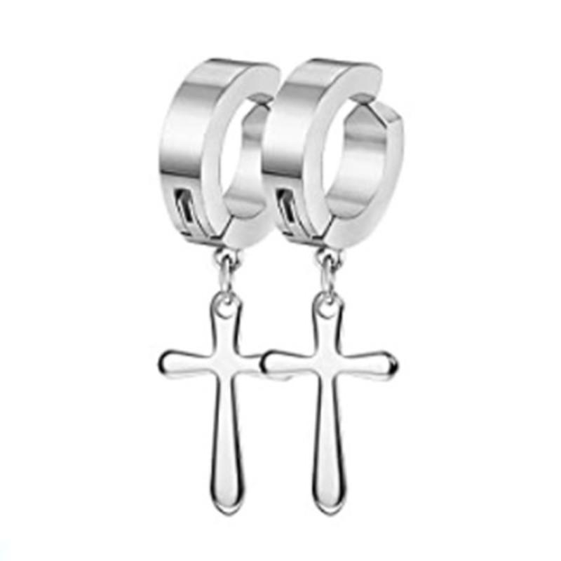 WKOUD 2PCS Stainless Steel No Piercing Cross For Men Kpop Clip On Cross Earring Gothic Punk Fake Ear Cuff Cross Earring Dangle