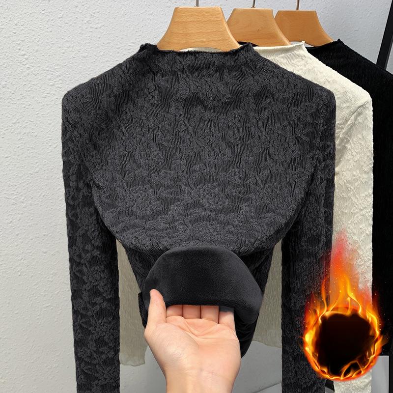 Semi-turtleneck Bottoming Shirt Women's New Women's Clothing Sexy Crochet Hollow Shirt Temperament with Waist Top