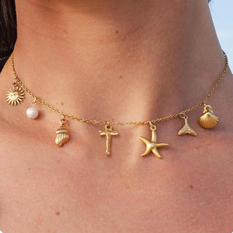 Charm Gold Color A-Z Pendant Alphabet Choker Necklace Women Shell Conch Starfish Initial Letter Necklaces Boho Beach Jewelry