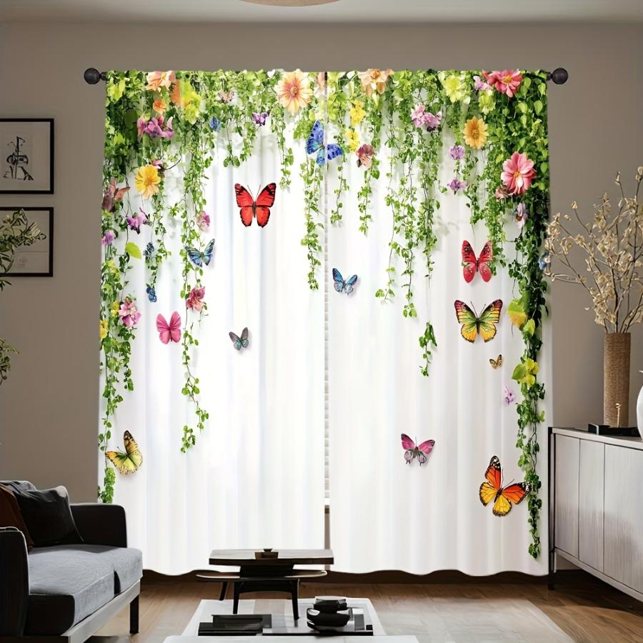2PCS Digital Print  Curtain, Green Vines Colorful Butterfly, Modern Home Decor  Curtain for Bedroom Living Room
