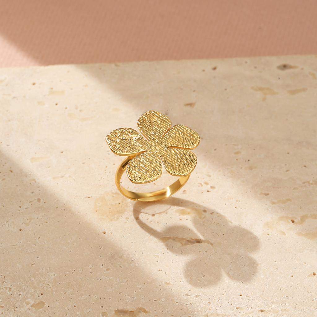 Golden Plated Brushed Flower Open Adjustable Ring for Women Elegant Statement Jewelry Gift