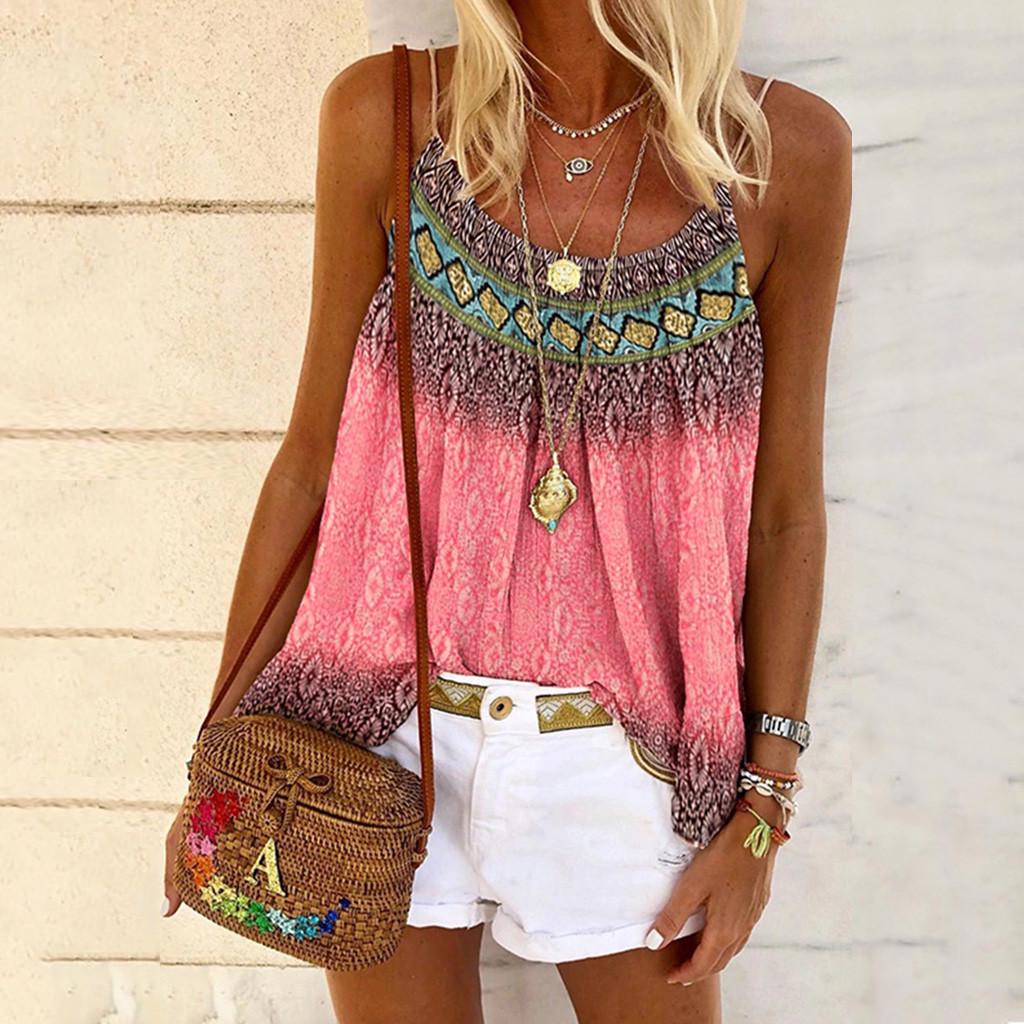 Women Casual Print Sleeveless Camisole Loose T-shirt Blouse Top