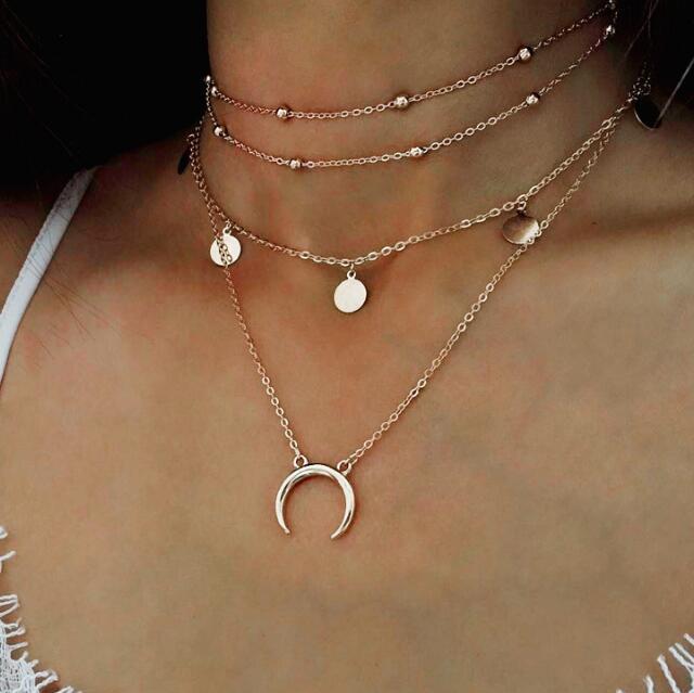 European & American Fashion Multi-layer Moon & Round Bead Choker Necklace