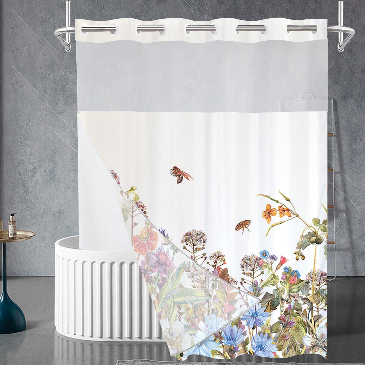 

Занавеска для душа Wildflower без крючка с набором вкладышей, занавеска для душа с цветочными растениями, тканевая занавеска для душа с цветами, комплект занавесок для душа в отеле W137cm*L203cm(54“*80”)