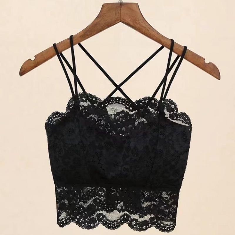 Lace Camisole Bustier Top with Strapless Back, Chest Pads, Wire-Free Push-Up, Anti-Exposure Design for Young Girls