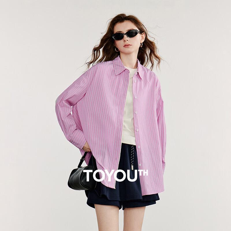 Chuyu Women s Striped Lace Spliced Mid-Length Open Shirt M