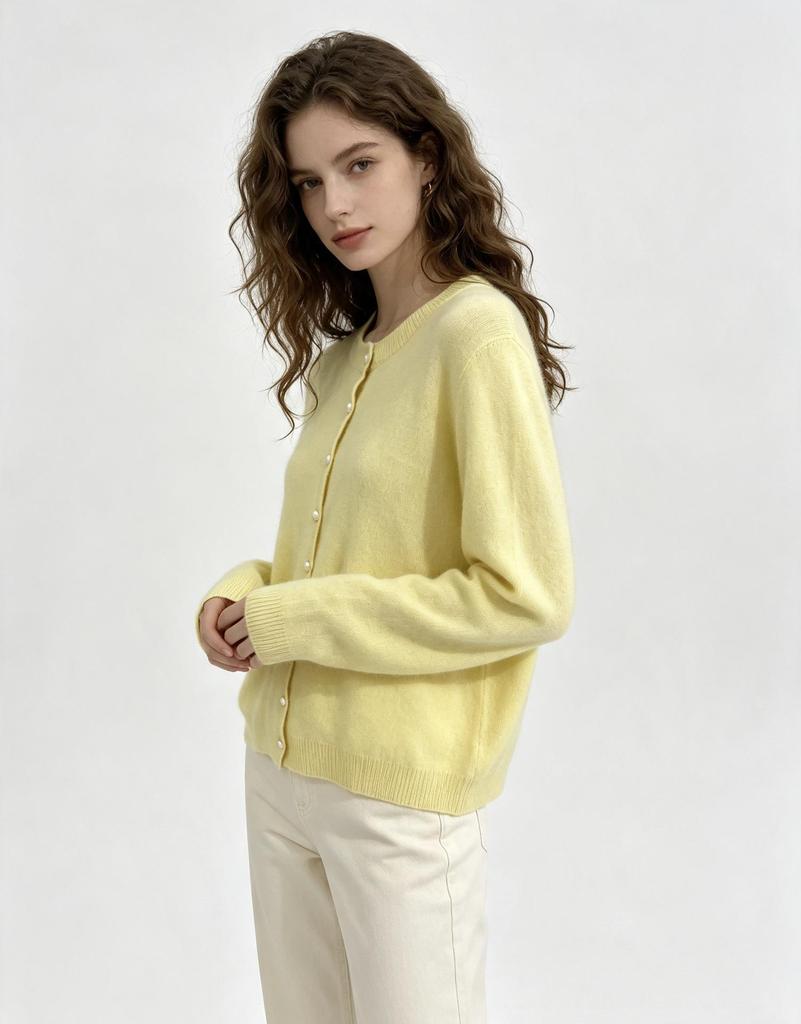 Women's Round Neck Pearl Button Wool Cashmere Knit Cardigan JM8305