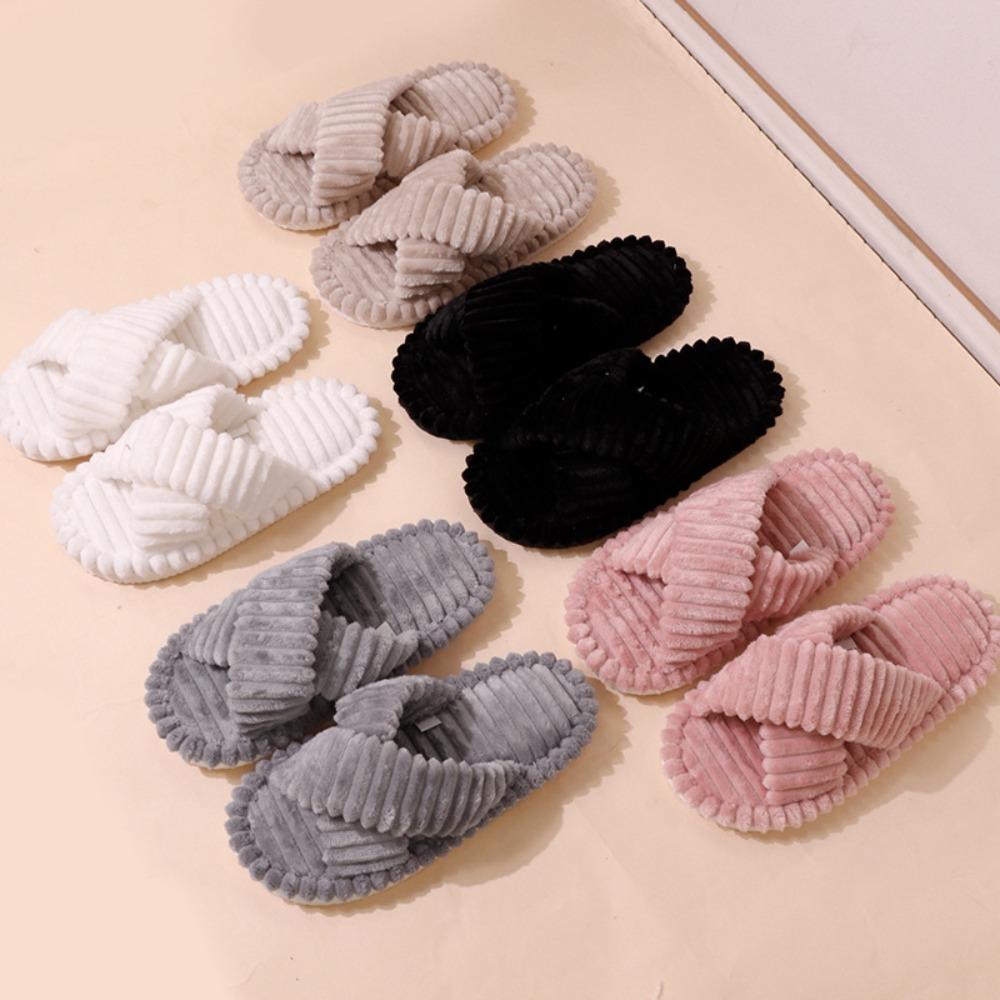 Women's Home Slippers Winter Plush Cross Strapped Cotton Slippers Women's Home Skin Friendly Plush Slippers Women Flat Bottom