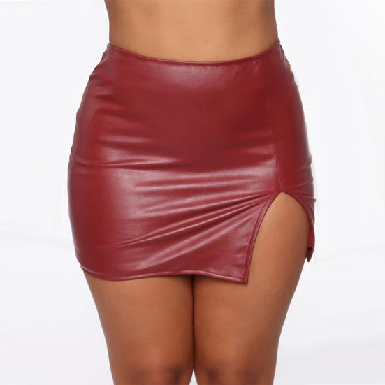 Solid Color Hidden Zipper Mini Skirt Faux Leather High Waist Split Skinny Skirt Streetwear