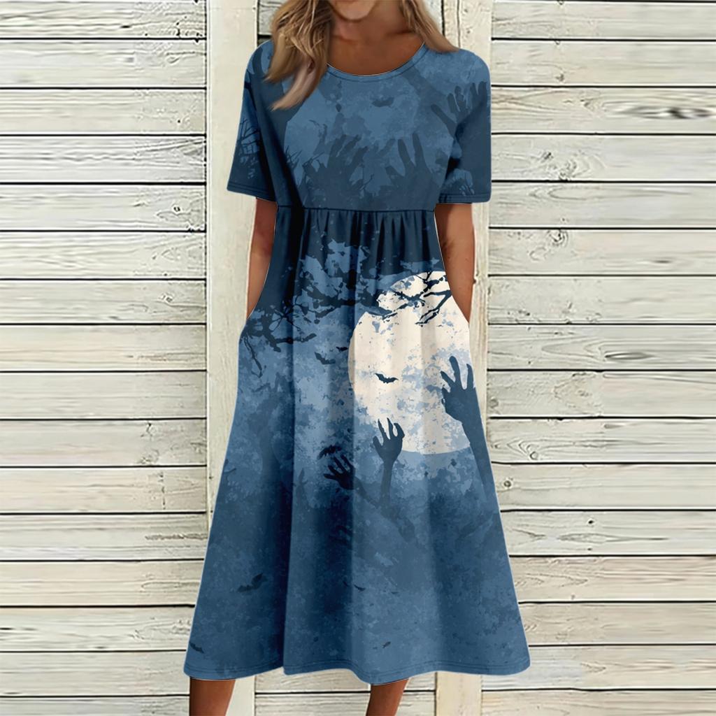 Women's Halloween Printed Casual Dress - Round Neck with Pockets, Relaxed Fit for Women