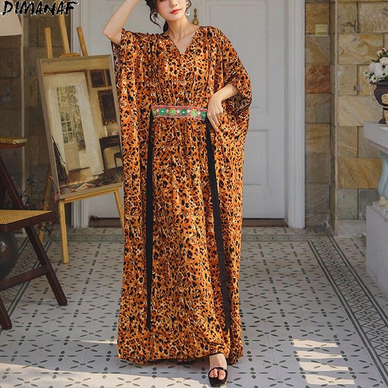 

DIMANAF 2021, летнее платье больших размеров, женское платье, сарафан в богемном стиле с леопардовой вышивкой, новое длинное платье, повседневное платье большого размера, летучая мышь 5XL One Size жёлтый